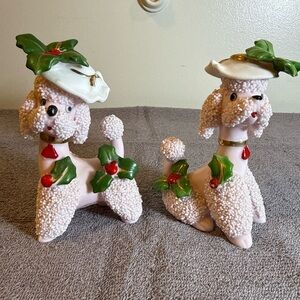 PAIR of Vintage Napco Pink Christmas Holly Spaghetti Standard Poodle Figurines